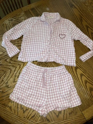 Conjunto de pijama feminino Happily cinza rosa xadrez manga comprida top e shorts tamanho grande - Imagem 1 de 4