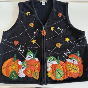 VTG Halloween knit Sweater Vest Sz XL Full Zip Ghost Pumpkins Sequins novelty - Picture 1 of 15
