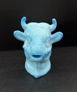 Plato de mostaza cubierto cabeza de toro de vidrio escoria de leche azul vintage RARO 4,5"" - Imagen 1 de 10