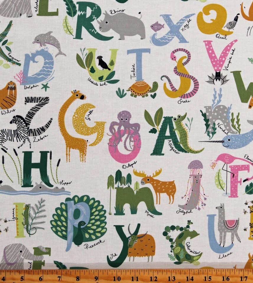 Algodón alfabeto animales ABC fácil como ABC tela blanca impresión por yarda D775.23 Foto 1 de 1