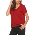 FINEJO Women Chiffon Blouse V Neck Short Sleeve Top Shirts Red