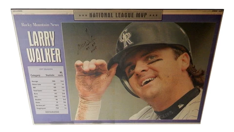 Larry Walker Signed Colorado Rockies NL MVP Mounted Newspaper Plaque Auto COA Cover