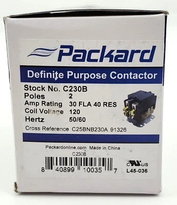 Packard C230B Definite Purpose Contactor Two Pole 30 Amp 120 Volt Coil  - Image 1 of 4