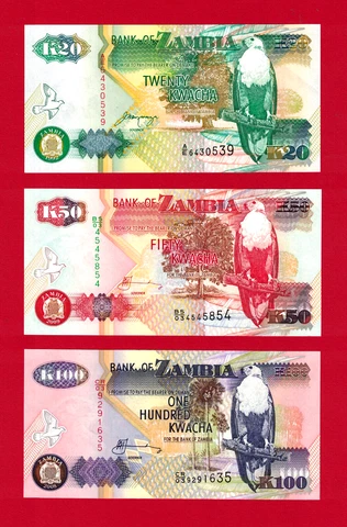 3 x Zambia UNC Banknotes 20 (P-36), 50 (P-37) & 100 Kwacha (P-38) Paper Currency Cover