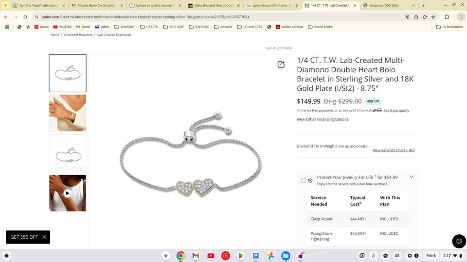 Pulseira de diamante coração duplo Zales - Imagem 1 de 3