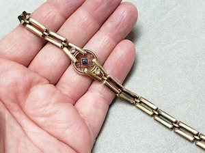Pulsera antigua oro macizo 14K con piedra azul y diamantes talla rosa 8" - Imagen 1 de 12