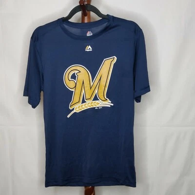 Majestic Cool Base size S men's t-shirt navy blue yellow "M" logo crew neck SS - Image 1 of 4