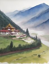 Phuentsholing Bhutan Watercolor Painting Country City Art Print