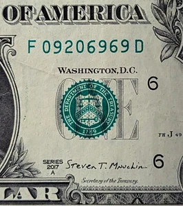 Billete de $1 2017 serie elegante, billete de fecha de cumpleaños 20 de septiembre de 1969. F 09206969 D - Imagen 1 de 3