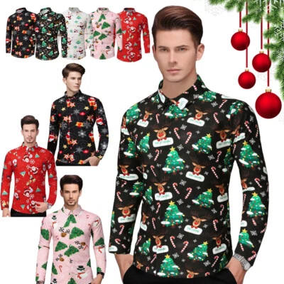 Mens Boys Christmas Printed Shirts Long Sleeve Xmas Party Tops CollarBlouse Size - Image 1 of 4