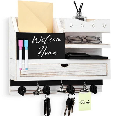 Amyhill Rustic Wooden Key Holder Wall Mount 7 Hooks Shelf Mail Organizer - Image 1 of 4