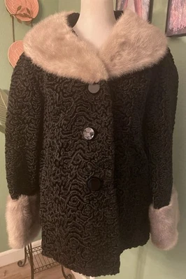 Astrakin Lepshire 60’s  Black Curly Persian Lamb Jacket Mink Collar France XL - Image 1 of 4