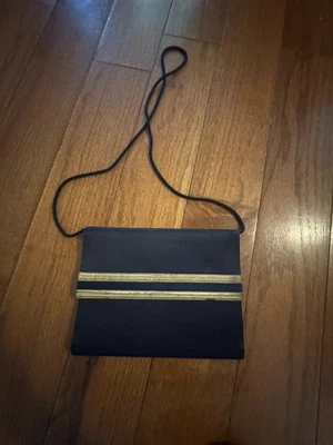 RALPH LAUREN 系列包海军蓝金色缎面。 法国制造 — 第 1/4 张图片