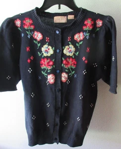 Classic Directions Gr. L Blumen Kurzarm Knopfleiste Pullover Oberteil Ramie Cotto - Bild 1 von 7