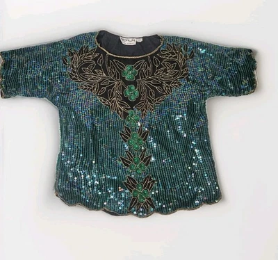 Винтажный 90-х синий зеленый блестками бисером шелк официальный верхний вечеринки Y2K Gatsby гламурный размер большой - Изображение 1 из 4