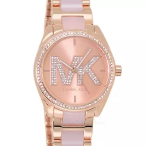 Michael Kors Janelle Womens Pave Crystals Watch, MK Logo Dial, Rose Gold Pink - Picture 1 of 8