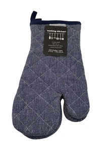 Working Kitchen Oven Mitt Set (2) 7" x 13" Blue 100% Cotton Quilted Crosshatch - Picture 1 of 6