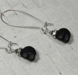 Howlite Skull Crystal Rhinestone Drop Pierced Earrings Handmade Black New - Picture 1 of 3