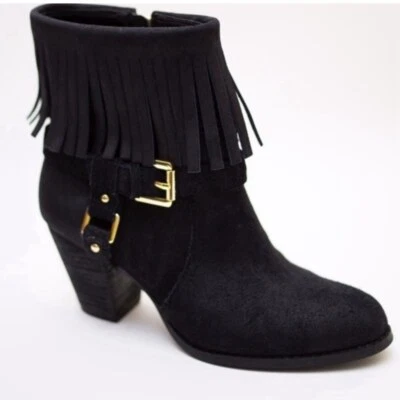 Ralph Lauren Women’s Mara Fringe Black Suede Ankle Boots Booties Gold Hardware 9 - Image 1 of 4