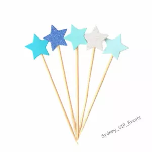 CAKE TOPPER GLITTER STARS BLUE SILVER PAPER PARTY PICK SIGN DECOR BIRTHDAY 5PK - Picture 1 of 1