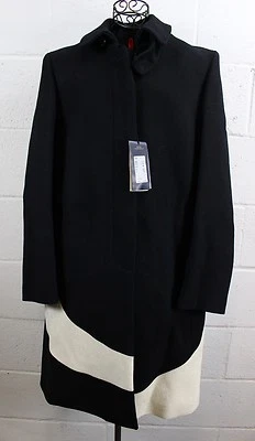 $1620 PIAZZA SEMPIONE Black Ivory Mod Wool Blend A-Line Peacoat Coat 12 46 NWT - Image 1 of 4