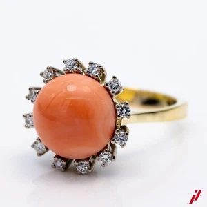 Anello 14K/585 Oro Giallo Corallo 12 Diamanti Brillanti 0,24Ct - Valore 3.500€ - Foto 1 di 4