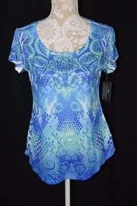 Style&Co. Womens Small Blue Paisley NEW Embellished Short Sleeve Top Shirt - Picture 1 of 8