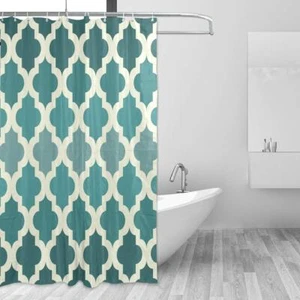 Fabric Shower Curtain Classic Teal Geometric Waterproof Polyester Curtains wi... - Picture 1 of 6
