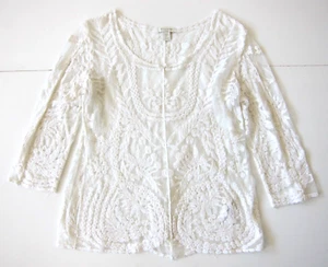 Saint Tropez West White Sheer Lace Floral Embroidered 3/4 Sleeve Tunic Blouse L - Picture 1 of 8