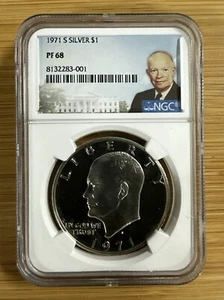 1971 S $1 NGC PF68 CAMEO SILVER PROOF EISENHOWER DOLLAR 40% SILVER IKE LABEL - Picture 1 of 2