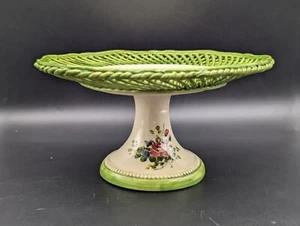 Vintage Italy Green Weaved Pedestal Cake Plate Stand Hand Painted Rose Floral - Picture 1 of 17