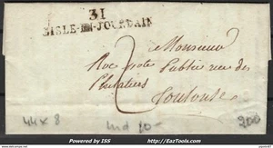 FRANCE MARQUE POSTALE NOIRE 44 X 8 MM 31 L'ISLE JOURDAIN GERS POUR TOULOUSE - Picture 1 of 2