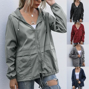 Womens Hooded Jacket Full Zip Drawstring Coat Outdoor Wind Rain Forest Jackets - Picture 1 of 13