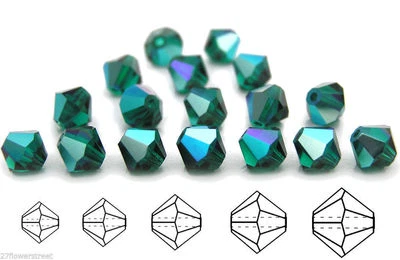 Czech Bicone Crystal Beads Emerald AB coated dark green Rondelle Diamond - Image 1 of 4