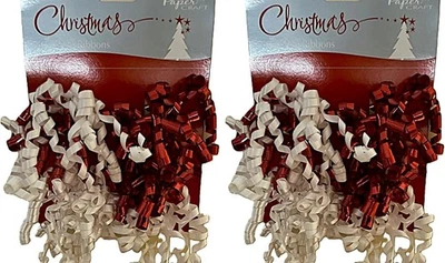 PAPER CRAFT 8 Pre-tied Christmas Curling Ribbon Gift Decoration Red & White Stick On 10x12cm