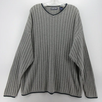 VINTAGE Structure Sweater Men Large Gray Pullover Ribbed Chunky 90s V-Neck * - Image 1 of 4