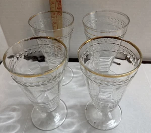 4 Vintage Federal Cordial Fuß gerippt Lorbeer (Gold) Trim Glas 6,5 Zoll hoch - Bild 1 von 17