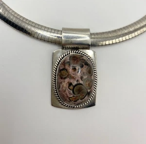 Sterling Silber 925 & Leopard Jaspis Anhänger 17" Omega Kette Halskette - Bild 1 von 6