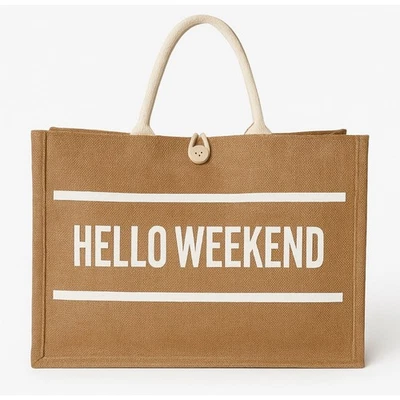 Bolso de Mano Hello Weekend Yute Grande Reutilizable Eco Shopper Playa Viaje Carryall Foto 1 de 4