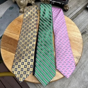 THREE Tommy Hilfiger 100% Silk Ties LOT Yellow Green Repp Pink Fish Print - Picture 1 of 12