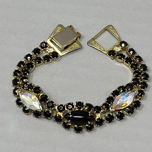 Vintage Rhinestone Bracelet Juliana? Black Glass Prong Set Aurora Borealis 7" - Picture 1 of 13