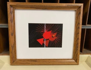 Charley Harper (Charles) Seeing Red Cardinal Bird Red Framed Art Card Brown Oak - Picture 1 of 2