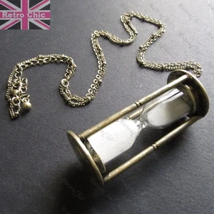 LARGE HOURGLASS pendant VINTAGE BRASS SAND TIMER GLASS VIAL long NECKLACE - Picture 1 of 11