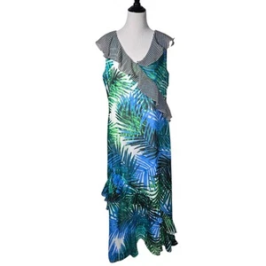 Calvin Klein Size 14 Multicolor Island Print Ruffle Sleeveless Maxi Dress NWT - Picture 1 of 8