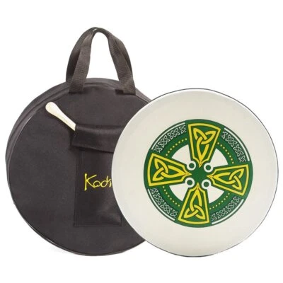Bodhran 12" with Bag and Beater, Koda Irish Drum, CELTIC CROSS GREEN