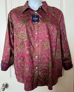 Chaps DAMEN-SHIRT BÜGELFREI Übergröße 2X FUCHSIA Paisley KRAGEN $ 65 neu mit Etikett - Bild 1 von 11