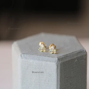 Real Opal & Diamond Trio Studs Earrings in 14k Yellow Gold Wedding Gift Jewelry  - Picture 1 of 9