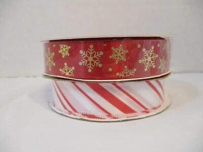 Lot 2 Spools Christmas Ribbon Red White Candy Stripe Gold Snowflakes Crafters - Image 1 of 4