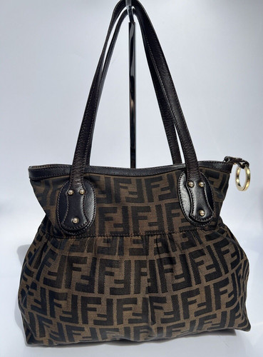 Borsa a tracolla Fendi motivo marrone motivo a pieghe tote zucca tela media