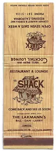 The Shack Restaurant The Lakmann's Redding Kalifornien FS leere Streichholzschachtelhülle - Bild 1 von 3